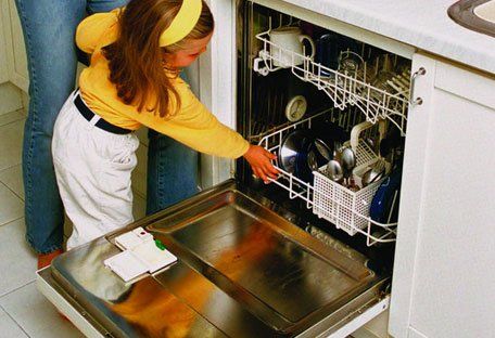 Person loading a dishwasher in a kitchen.
