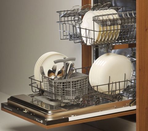 Dishwasher rack with dishes.
