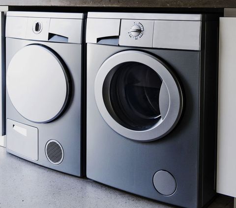 Pair of freestanding laundry appliances.
