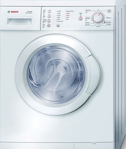 Front of a white washing machine.
